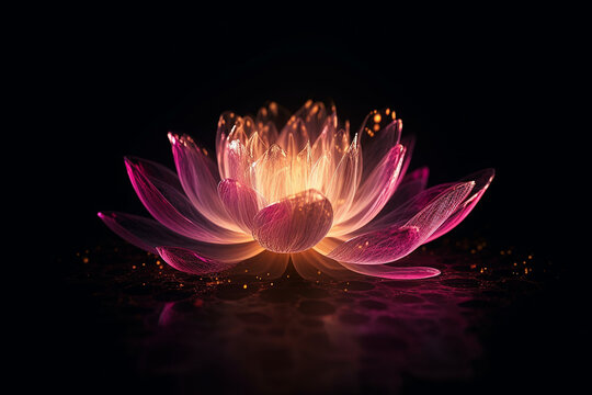 Imagem onírica de ouro brilhante de flor de lótus ou lírio d'água com iluminação rosa transparente sob o céu noturno escuro