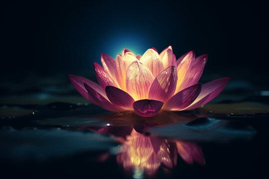 Imagem on&iacute;rica de ouro brilhante de flor de l&oacute;tus ou l&iacute;rio d'&aacute;gua com ilumina&ccedil;&atilde;o rosa transparente sob o c&eacute;u noturno escuro