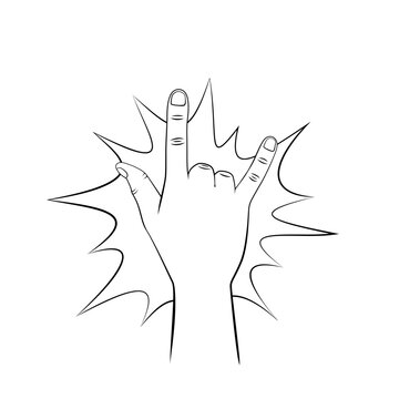 Hand Drawn Back Of Rock And Roll Hand Sign. Goat Gesture. Vector Hand Drawn Illustration With Contour.