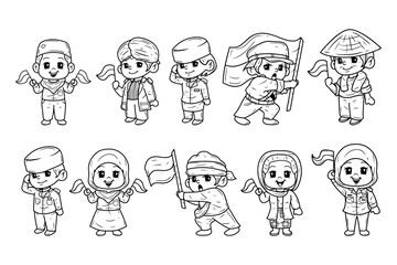 Set of indonesian character independence day illustration. Independence day of indonesia character. Cute kids character. Outline sketch character.