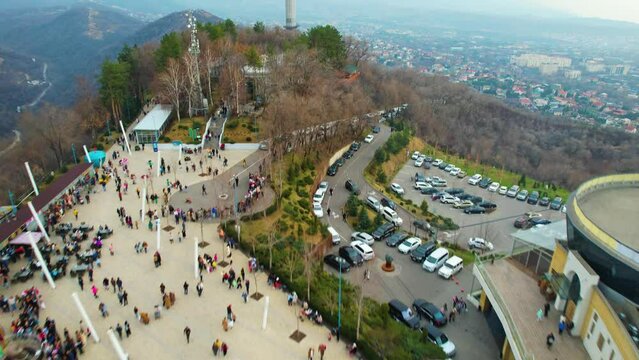Aerial view of Ferris wheel and carousel on Kok Tobe, Almaty