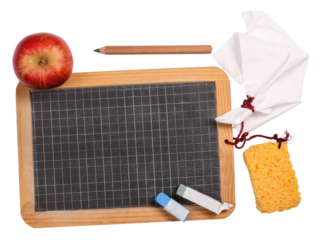 Blackboard with apple, sponge, chalk, cloth and pencil, transparent background