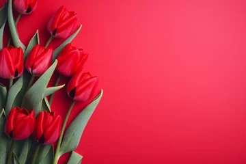Fotobehang Esvazie o fundo carmim brilhante sólido limpo com flores frescas de tulipa vermelha  e espaço de cópia. Modelo de cartão horizontal de férias de primavera © Alexandre