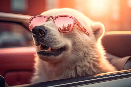 Retrato de Oso polar con gafas rosas de sol, conduciendo un descapotable.Ilustraci&oacute;n de IA generativa