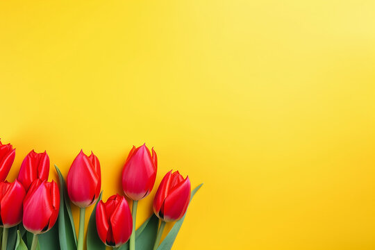 Esvazie o fundo carmim brilhante s&oacute;lido limpo com flores frescas de tulipa vermelha  e espa&ccedil;o de c&oacute;pia. Modelo de cart&atilde;o horizontal de f&eacute;rias de primavera