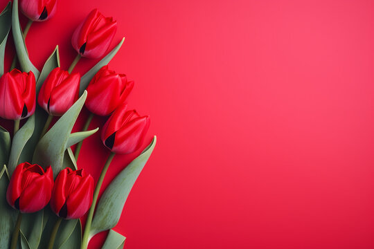 Esvazie o fundo carmim brilhante s&oacute;lido limpo com flores frescas de tulipa vermelha  e espa&ccedil;o de c&oacute;pia. Modelo de cart&atilde;o horizontal de f&eacute;rias de primavera