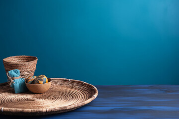 Fototapeta na wymiar Mesa de madeira vazia com jogo americano de vime sobre fundo de parede azul. Festa mexicana simulada para exibição de design e produto