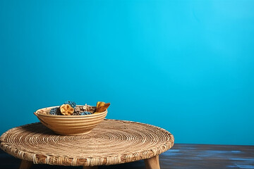 Mesa de madeira vazia com jogo americano de vime sobre fundo de parede azul. Festa mexicana simulada para exibição de design e produto