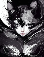 Bellissimo gatto Bianco, Nero e Grigio, sfondo astratto, occhi da gatto, Catwoman