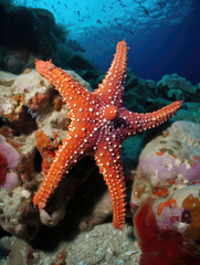 A bright starfish gleaming against a sea of coral.. AI generation.