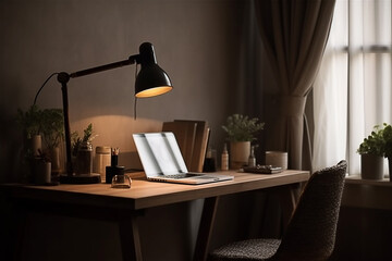 vista frontal Espaço de trabalho aconchegante com laptop, abajur e artigos de papelaria na mesa de madeira em casa. espaço para tex - obrazy, fototapety, plakaty