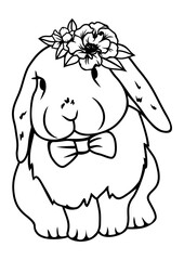 Cute bunny with flowers on head, easter bunny icon, cute pet. Forest animal. Vector illustration