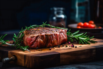 Juicy grilled steak on rustic wooden tray against dark background . Generative AI.