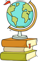 Doodle people, world globe map and books
