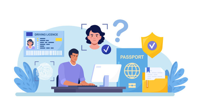 KYC or know your customer. Businessman verifying identity of its clients. Business identification and finance safety. Cyber crime. Marketing person doing research, analyzing client surveys