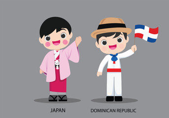 Obraz na płótnie Canvas Dominican Republic and Japan international characters in traditional costume vector