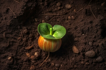 Broto de abóbora verde com sementes em fundo fresco de solo marrom escuro. Fechar-se. Desenvolvimento vegetal. - obrazy, fototapety, plakaty