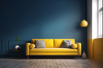 modern living room with yellow sofa  generative ai