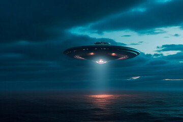 Obraz na płótnie Canvas Mysterious UFO sighting over the distant horizon during a cloudy dusk. Generative AI