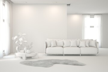 White living room concept with sofa. 3D illustration