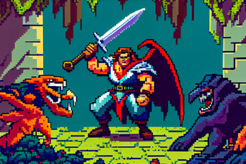 Retro Warriors. A Pixelated Battle Against Monstrous Odd . Generative AI