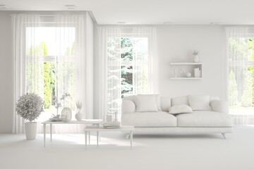 Grey living room concept with sofa and summer landscape in window. Scandinavian interior design. 3D illustration