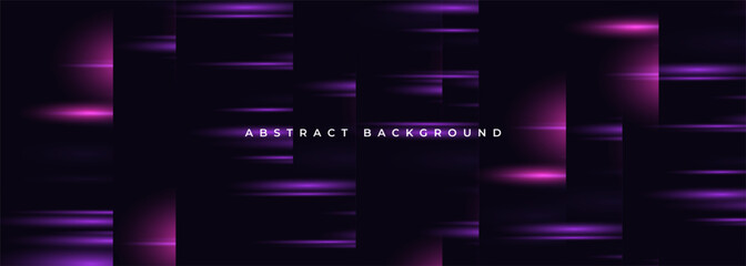 Black wide abstract background with horizontal purple glowing neon lights effect. Vector illustration
