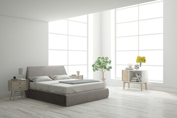 White bedroom concept. Scandinavian interior design. 3D illustration