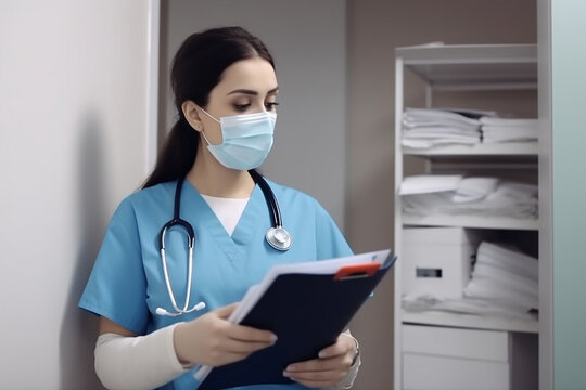 jovem m&eacute;dica com prancheta em hospital 