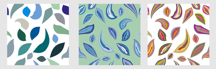 Set of abstract seamless colorful doodle decorative pattern. Vector design in 70s style.