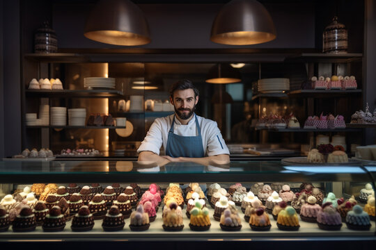 Seller confectioner standing in front of a showcase counter with his products ice cream, cakes and sweets. Generative AI