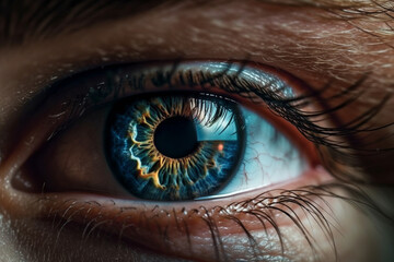 Naklejka premium Human blue eye macro photography close up. Medical vision eyesight concept. Ai generated