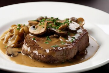 a white plate topped with steak diane and mushrooms, generative AI