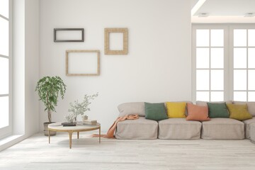 Fototapeta premium White living room with sofa. Scandinavian interior design. 3D illustration