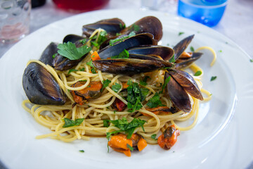 spaghetti with mussels typical dish of the po delta regional park comacchio lagoon city famous for...
