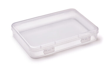 Fototapeta na wymiar Empty reusable transparent plastic box with hinged lid