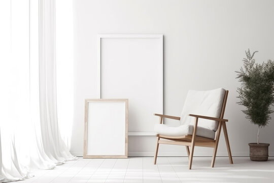 Blank picture frame on a white wall. View of modern style interior with chair. Generative AI