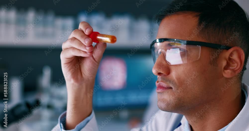 Poster Science, sample and experiment with a doctor man in a laboratory for innovation or research. Medical, study and analysis with a male scientist working in a lab for breakthrough or development