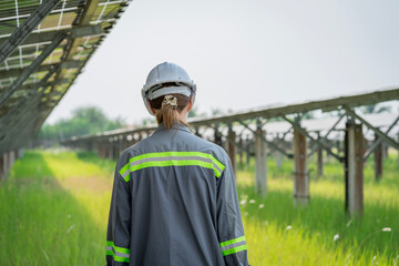 Electrical engineer on solar farm with large structure Check maintain rehearse damaged parts from use in order to produce electricity with maximum efficiency throughout its service life professionally