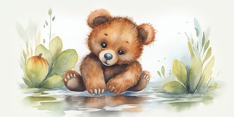 Whimsical watercolor playful baby  bear cub generative AI art