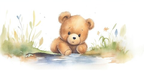Whimsical watercolor playful baby bear cub generative AI art