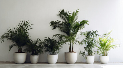 Fototapeta premium Potted house plants lined against white wall with modern aesthetic. For marketing and website mockups. Created with generative AI tools.