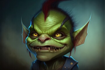 A charming orc with a playful expression in a cartoonish style. Its rounded features and colorful attire give it an endearing appearance. Fantasy concept , Illustration painting. Generative AI - obrazy, fototapety, plakaty