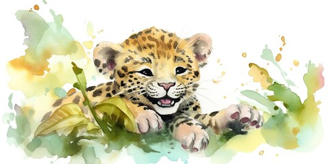 Whimsical watercolor playful baby jaguar  generative AI art