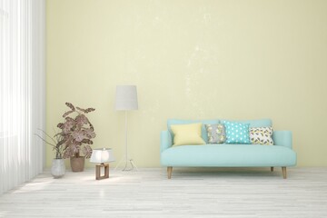 White living room with sofa. Scandinavian interior design. 3D illustration