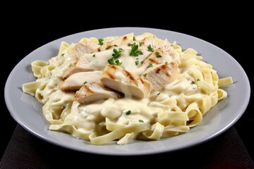 a white plate topped with chicken alfredo pasta, generative AI