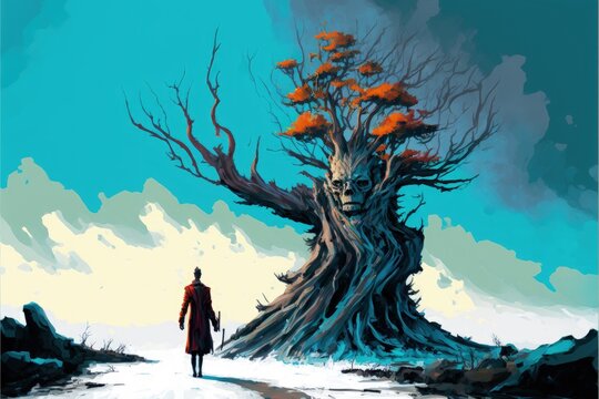 A man strolls through a mysterious forest with a twisted thorn tree, its branches gnarled and reaching towards the sky. Fantasy concept , Illustration painting. Generative AI