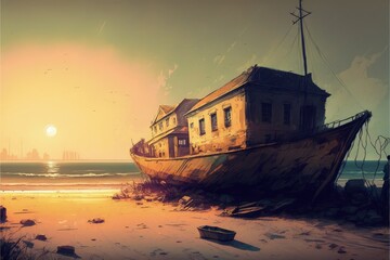 Obraz premium A sailing boat on the beach near abandoned buildings with a sunset backdrop. Fantasy concept , Illustration painting. Generative AI