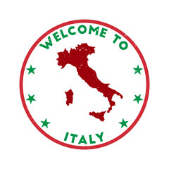 Welcome to Italy stamp. Grunge country round stamp with texture in Green Revolution color theme. Vintage style geometric Italy seal. Creative vector illustration.
