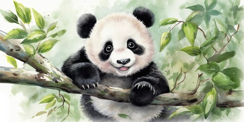 Obraz premium Whimsical watercolor playful baby panda generative AI art